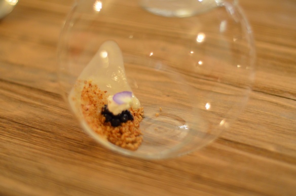 Terrarium: Brioche crumbs with pickled blackberry, lemon, and greek yogurt 
